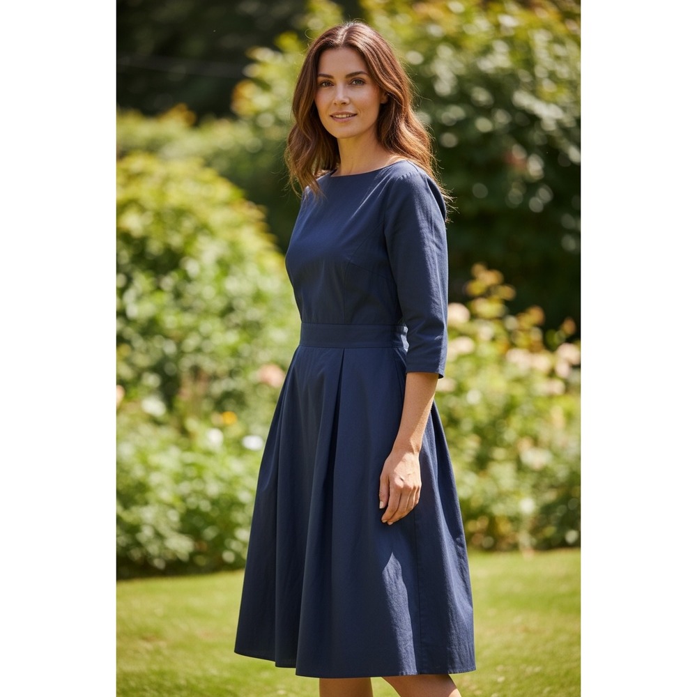 eShakti Navy Blue Cotton Poplin Boat Neck‎ Pleated Midi Dress Womens Size 8 M